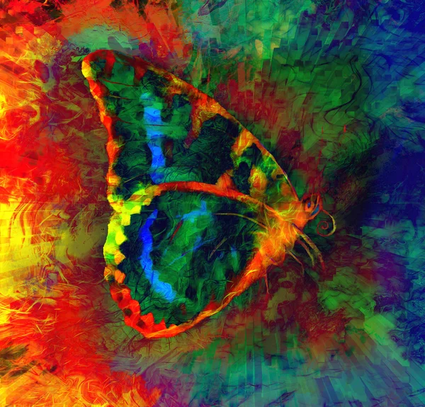 Illustration of a  color butterfly, mixed medium, abstract color background — 图库照片