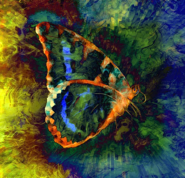 Ilustração de uma borboleta de cor, meio misto, fundo de cor abstrato — Fotografia de Stock