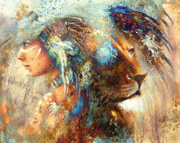 Indianerin mit Federkopfschmuck mit Löwe und abstrakter Farbcollage Stockbild