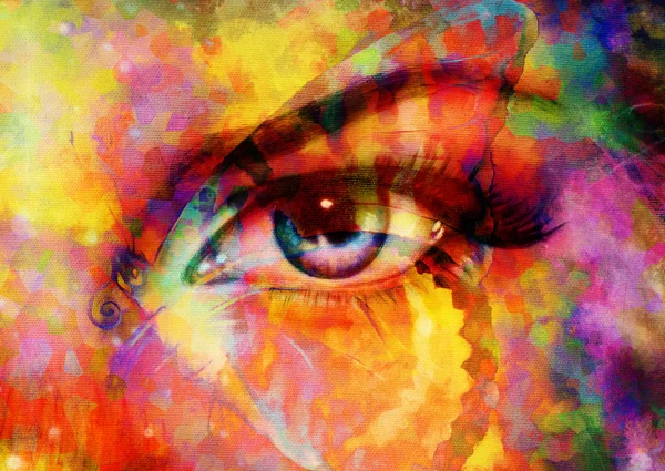 Color butterflies and woman eye, mixed medium, abstract color background. Telifsiz Stok Fotoğraflar