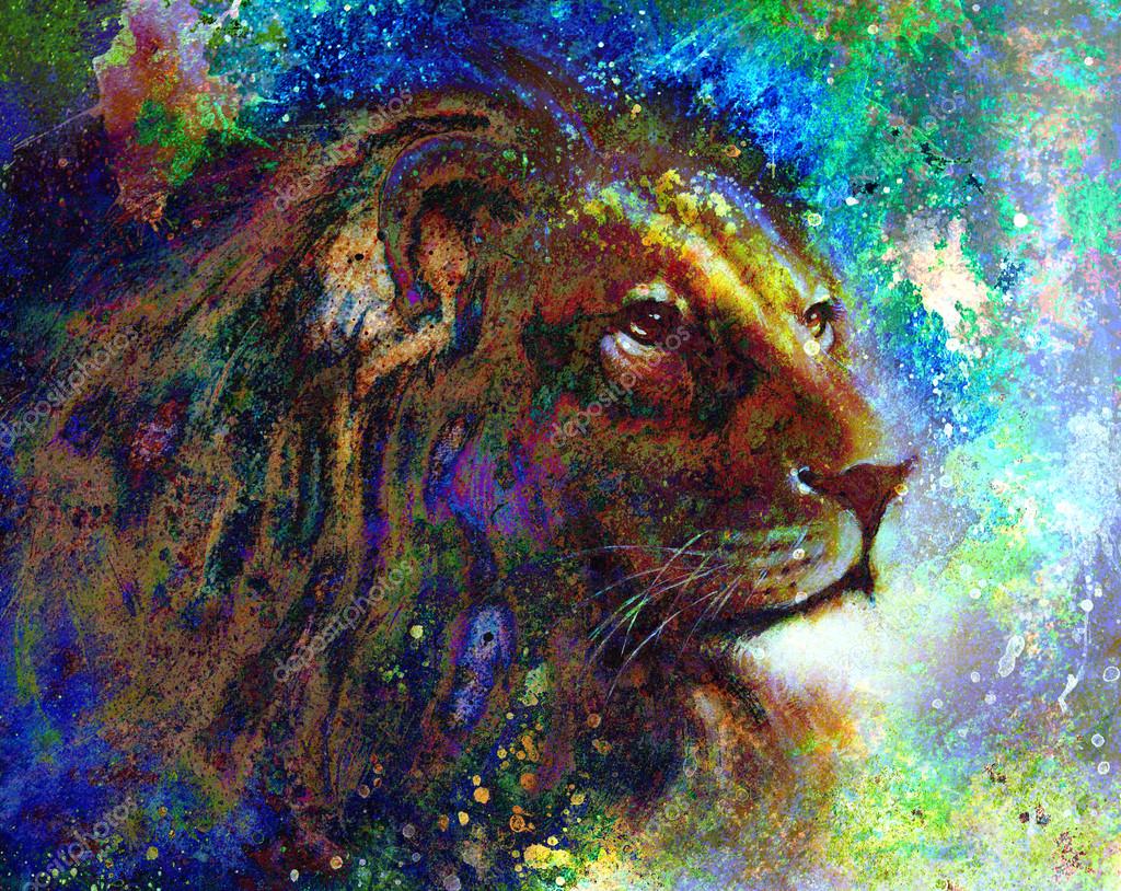 Lion face profile portrait, on colorful abstract background.. Stock Photo  by ©JozefKlopacka 79150896