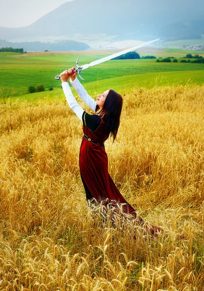 Ung kvinna med prydnadsklänning och svärd i handen stående på ett vetefält med solnedgång. Naturlig bakgrund. — Stockfoto