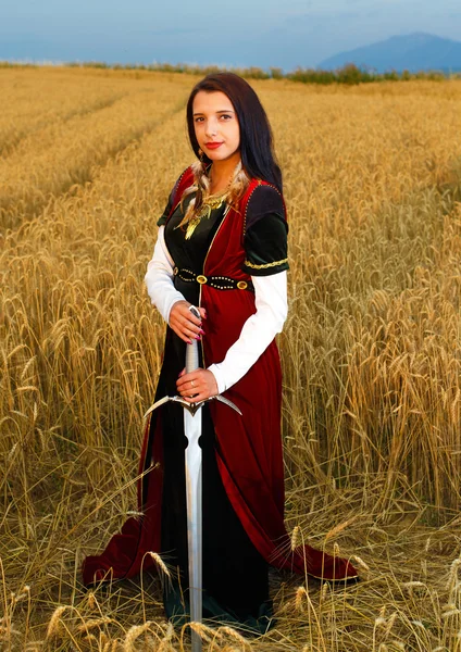 Young woman with ornamental dress and sword in hand  standing on a wheat field with sunset. Natural background.. — Stock Photo, Image