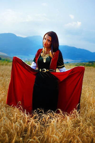 Smiling Young woman with medieval dress standing on a wheat field with sunset. Natural background. — Stock Photo, Image