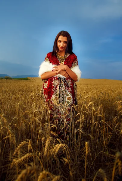 Молода жінка з декоративним платтям і білим хутром стоїть на пшеничному полі з заходом сонця. Природний фон .. — стокове фото