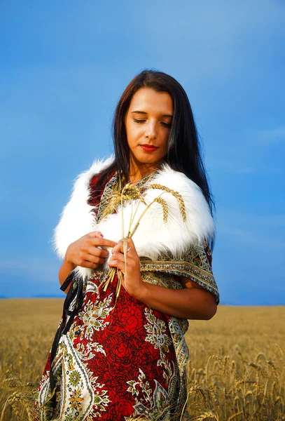 Young woman with ornamental dress and white fur standing on a wheat field with sunset. Natural background.. — Stockfoto