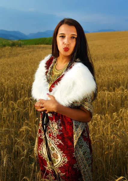 Sorrindo Jovem com vestido ornamental em pé em um campo de trigo com pôr do sol . . — Fotografia de Stock