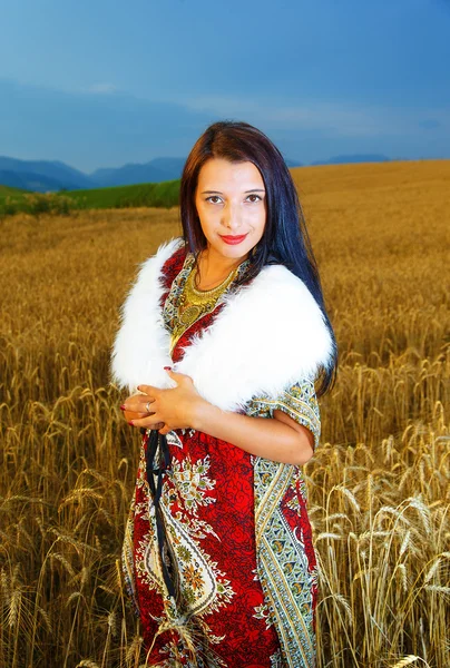 Усміхнена молода жінка з декоративним платтям, що стоїть на пшеничному полі з заходом сонця. Природний фон .. — стокове фото