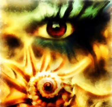  gülen kadınlar göz. pas renk efekti. resim kolaj ve soyut deniz kabuğu.