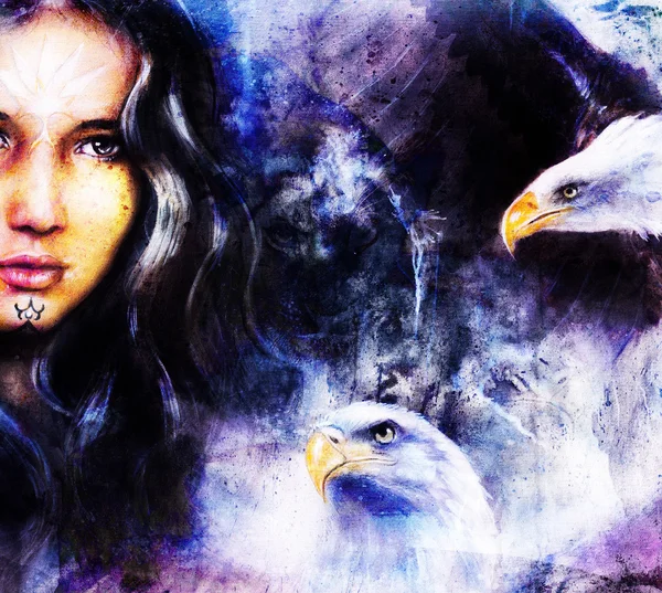 Beautiful airbrush painting of an enchanting woman face with two flying eagles — Stok fotoğraf