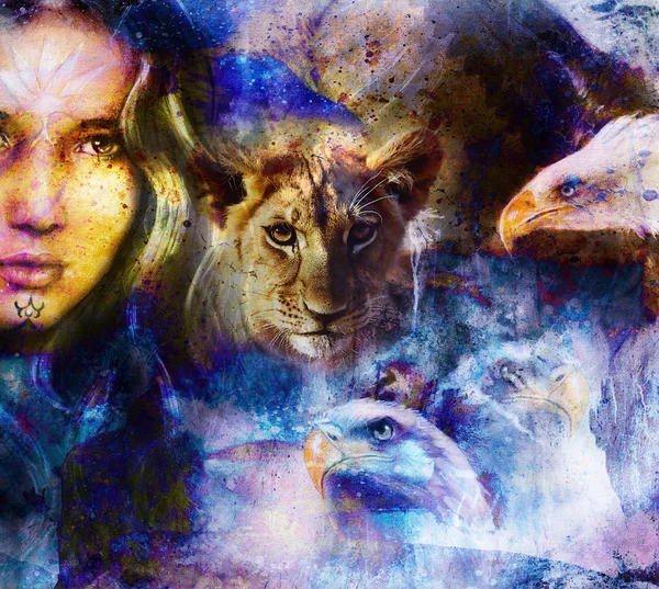 Lion cub and woman with eagles Abstract Collage. Eye contact. Abstract structure background. — Stockfoto