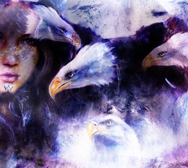 Beautiful painting Woman  with a flying eagle beautiful painting illustration collage. — Stock fotografie