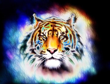 painting of a bright mighty tiger head on a soft toned abstract background eye contact