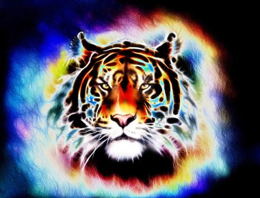 painting of a bright mighty tiger head on a soft toned abstract background eye contact