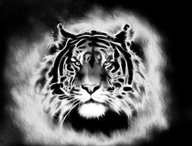 painting of a bright mighty tiger head on a soft toned abstract background eye contact. Black and white