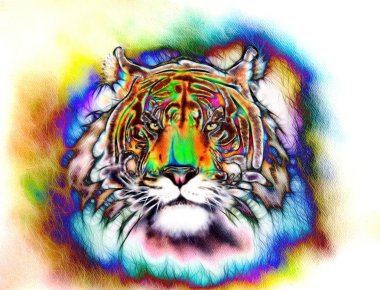 painting of a bright mighty tiger head on a soft toned abstract background eye contact