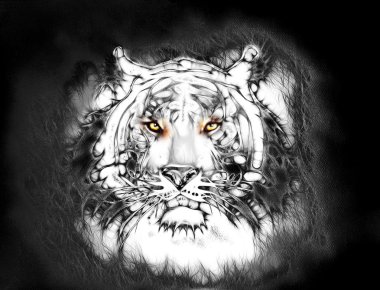 painting of a bright mighty tiger head on a soft toned abstract background eye contact. Black and white