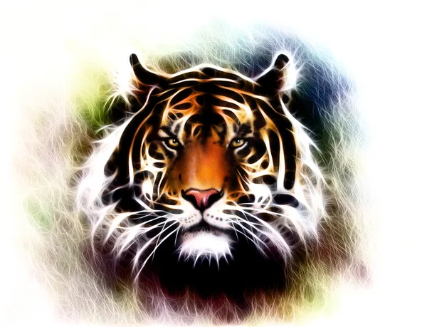 Painting of a bright mighty tiger head on a soft toned abstract background eye contact — 图库照片