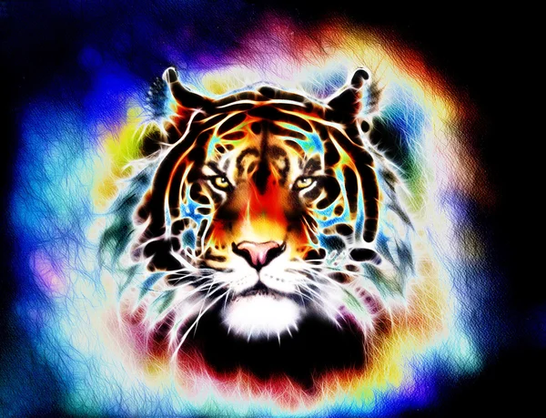 Painting of a bright mighty tiger head on a soft toned abstract background eye contact — Stockfoto