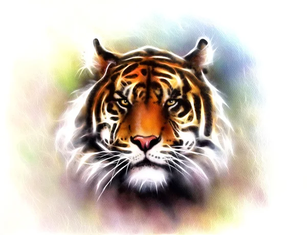 Painting of a bright mighty tiger head on a soft toned abstract background eye contact — Zdjęcie stockowe