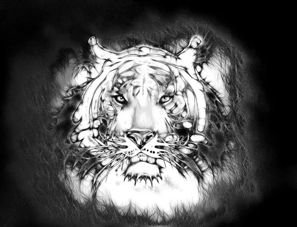 Painting of a bright mighty tiger head on a soft toned abstract background eye contact. Black and white — 图库照片