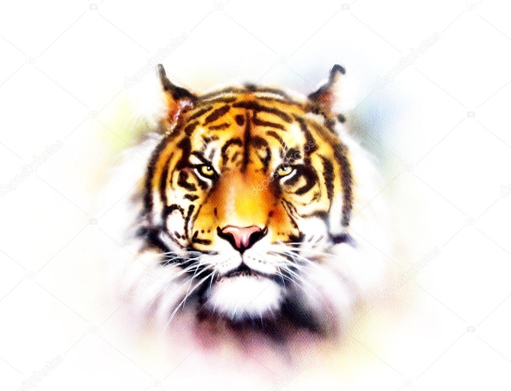 painting of a bright mighty tiger head on a soft toned abstract background eye contact