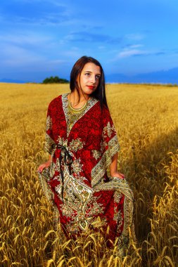  Gün batımı ile buğday alan üzerinde duran süs elbise genç kadınla. Doğal arka plan