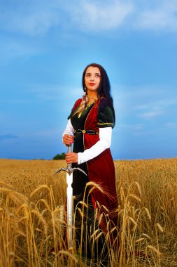 Smiling Young woman with ornamental dress and sword in hand  standing on a wheat field with sunset. Natural background