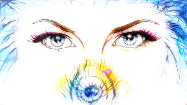 Women eyes looking up mysteriously from behind a small rainbow colored peacock feather. Eye contact. — 스톡 사진