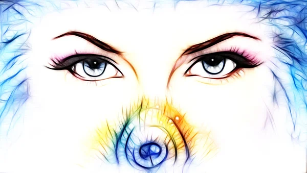 Women eyes looking up mysteriously from behind a small rainbow colored peacock feather. Eye contact. — Stockfoto