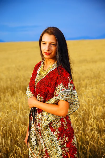 Smiling Young woman with ornamental dress standing on a wheat field with sunset. Natural background — Stock Photo, Image