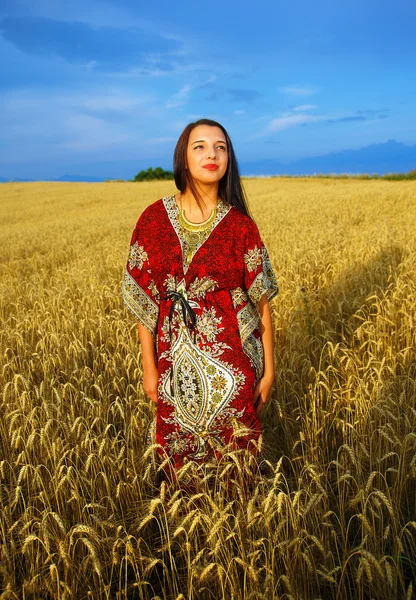 Leende ung kvinna med prydnads klänning stående på en veteåker med solnedgång. Naturlig bakgrund — Stockfoto