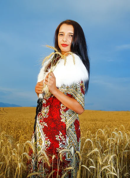 Young woman with ornamental dress and white fur standing on a wheat field with sunset. Natural background — Stockfoto