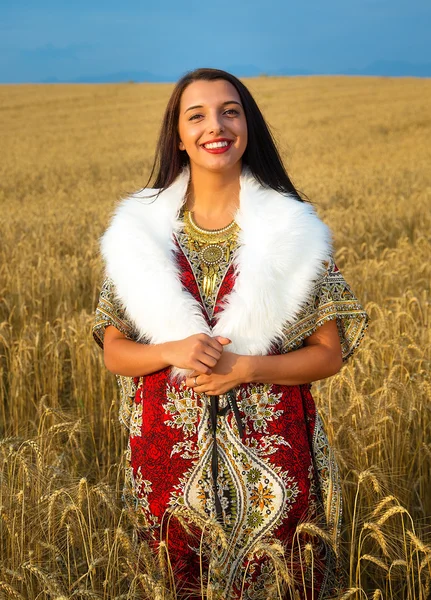 Jeune femme avec robe ornementale et fourrure blanche debout sur un champ de blé avec coucher de soleil. Contexte naturel — Photo