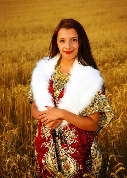 Молода жінка з декоративним платтям і білим хутром стоїть на пшеничному полі з заходом сонця. Природний фон — стокове фото