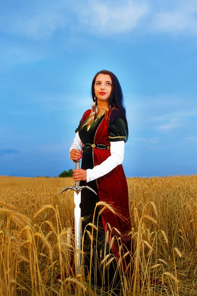 Smiling Young woman with ornamental dress and sword in hand  standing on a wheat field with sunset. Natural background — Stok fotoğraf