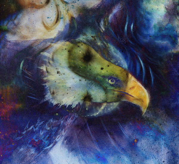 painting collage of eagle on an abstract color background