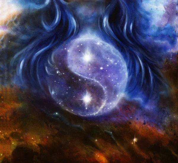 Yin Yang Symbol in space with  stars, about woman hair, original painting