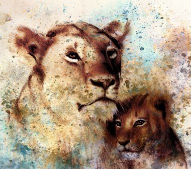 lion mother and lion cub, painting on paper. with spots abstract background, rust structure and old vintage style