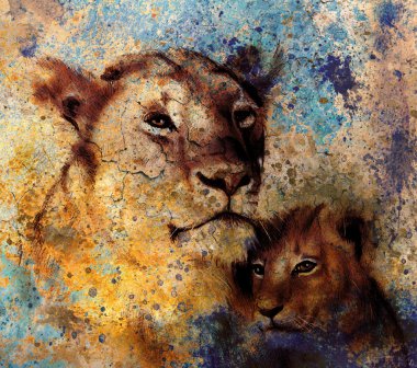 lion mother and lion cub, painting on paper. with spots abstract background, rust structure and old vintage style
