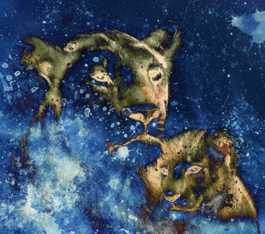 lion mother and lion cub, painting on paper. with spots abstract background, rust structure and old vintage style