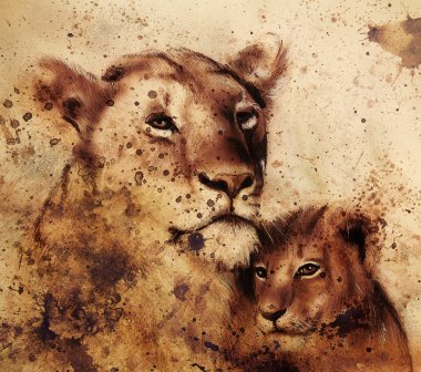 lion mother and lion cub, painting on paper. with spots abstract background, rust structure and old vintage style