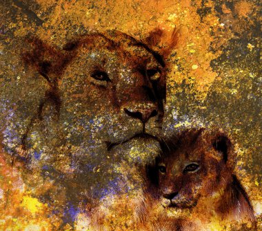 lion mother and lion cub, painting on paper. with spots abstract background, rust structure and old vintage style