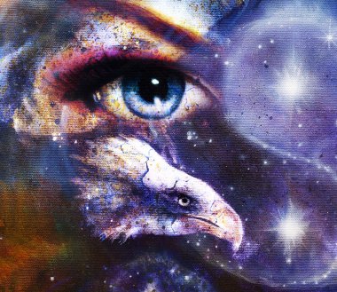 painting eagle with woman eye on abstract background and Yin Yang Symbol in space with stars. Wings to fly.