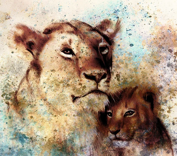 Lion mother and lion cub, painting on paper. with spots abstract background, rust structure and old vintage style — ストック写真