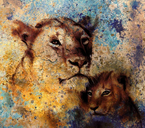 Lion mother and lion cub, painting on paper. with spots abstract background, rust structure and old vintage style — Stok fotoğraf