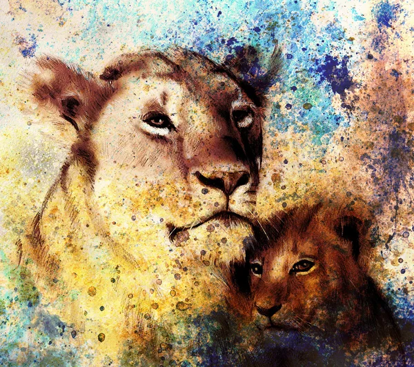 lion mother and lion cub, painting on paper. with spots abstract background, rust structure and old vintage style