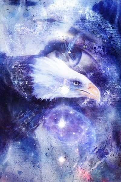 Adler mit Frauenauge auf abstraktem Hintergrund und Yin-Yang-Symbol im Raum mit Sternen. Flügel zum Fliegen, usa Symbole Freiheit — Stockfoto