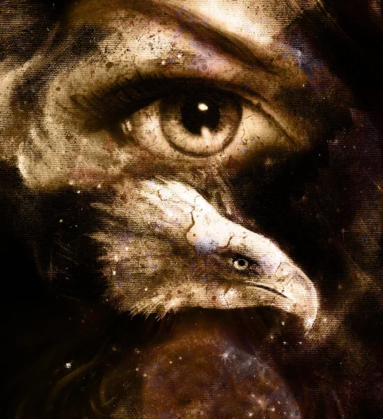 Painting eagle with woman eye on abstract background  in space with stars. Wings to fly, USA Symbols Freedom. Sepia. — Stock Fotó