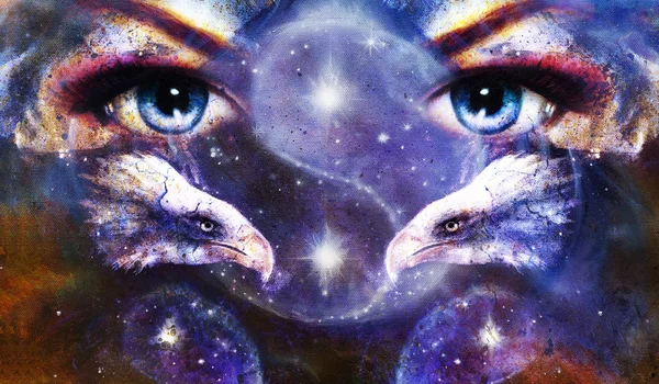 Painting eagles with woman eyes on abstract background and Yin Yang Symbol in space with stars. Wings to fly. — Stok fotoğraf